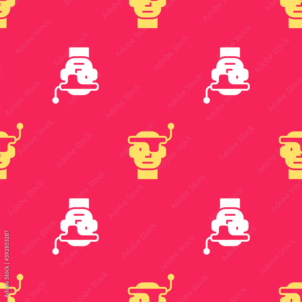 Poster yellow smart glasses mounted on spectacles icon isolated seamless pattern on red background. wearabl