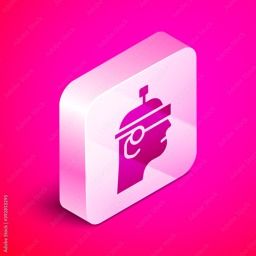 Poster isometric smart glasses mounted on spectacles icon isolated on pink background. wearable electronics