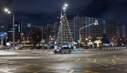 Fototapeta na wymiar January 22, 2020, Moscow, Russia. New Year tree on October Square in Moscow.