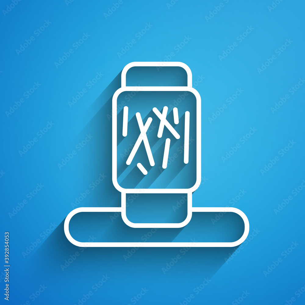 Poster white line cat scratching post with toy icon isolated on blue background. long shadow. vector.
