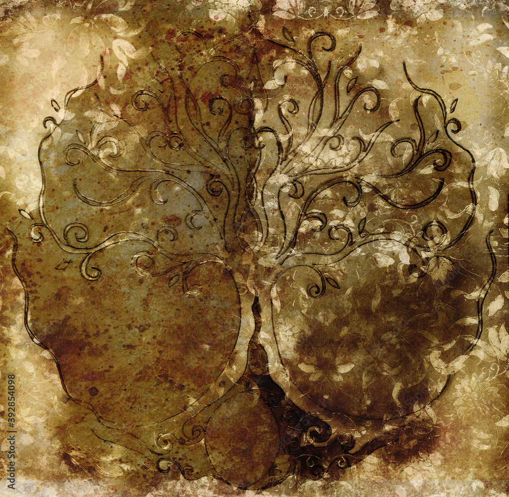 Poster tree of life symbol on structured ornamental background, yggdrasil.