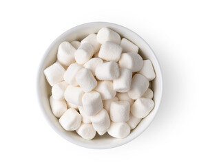 white marshmallows in white bowl isolated on white background