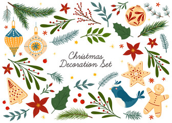 Bundle of Christmas and Happy New Year floral design elements.Vector hand drawn plants,cookies and candies, tree branches,mistletoe and berries.Xmas decoration set.Winter traditional decor bundle.