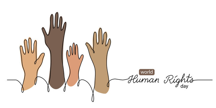 Human rights day concept, banner, background with color hands. One line drawing art illustration with lettering world human rights.