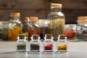 Spice jars on white background
