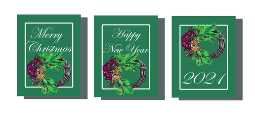 New year. Christmas. Winter holidays.A set of postcards, banners.The year of the white metal bull. Tree, wreath, boxes with gifts, snowflakes. The word, text. Isolated vector objects.