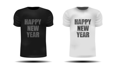 Realistic white and gray t-shirts with the inscription-Happy New Year on an isolated white background, vector illustration