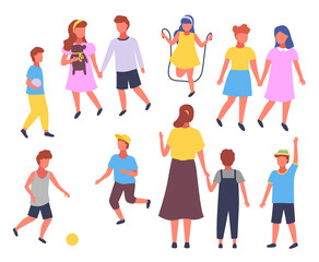Fototapeta na wymiar Group elementary school vector illustration boy and girl and teacher in playground in cartoon style isolated. Children in kindergarten with mentor, kids playing football, walking, jumping rope