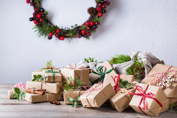 Creative zero waste Christmas concept, handmade gift boxes
