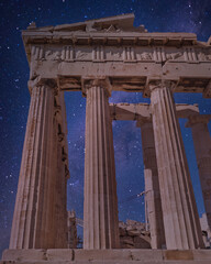 Parthenon ancient Greek temple on Acropolis of Athens and starry sky background, Greece