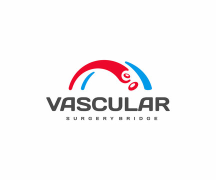 Vascular bridge logo design. Red blood cells in vein and artery vector design. Blood vessels logotype