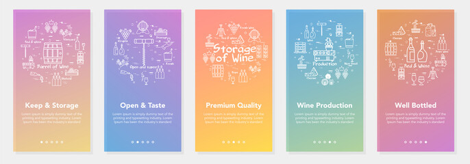Vertical five color banners with line concept of winemaking - premium quality and well bottled wine