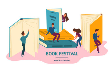 Cartoon Color Characters People and Book Festival Concept. Vector