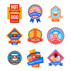 Cartoon Color Coffee Shop and Bistro Fastfood Label Badge Sign Set. Vector