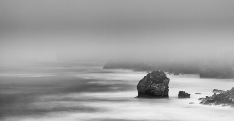 Fototapeta na wymiar Fog, San Julian beach, Candina Mountain, Montaña Oriental Costera, Liendo, Liendo Valley, Cantabria, Spain, Europe