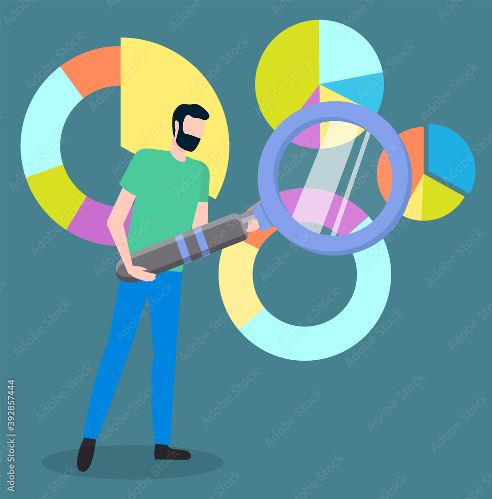 Poster man office worker with magnifier analyzes demand on diagrams of various shapes, choosing way to attr