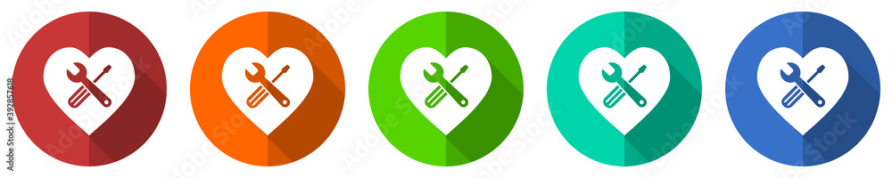 Poster Tools in heart shape vector icon set, red, blue, green and orange flat design web buttons isolated on white, vector illustration