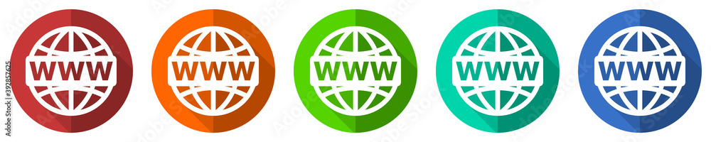 Poster web, www and internet vector icon set, red, blue, green and orange flat design web buttons isolated 