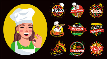 Set of pizza hand written lettering logo, label, badge and a cute smiling girl in a cap portrait vector illustration. Emblem for fast food restaurant, italian pizzeria, cafe on black background