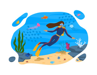 Cartoon Color Character Person Woman and Scuba Diving Concept. Vector