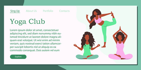 Template for a target web page with a yoga club. The concept of a healthy and active lifestyle, exercises for women, home fitness. Flat vector cartoon illustration