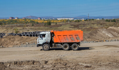 Dump truck. Road construction site. Ust-Kamenogorsk (Kazakhstan). 2020.
