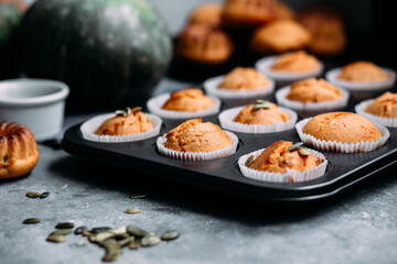 Homemade pumpkin muffins on a light table
