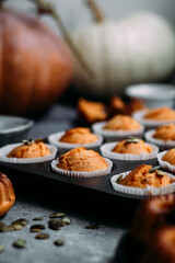 Homemade pumpkin muffins on a light table