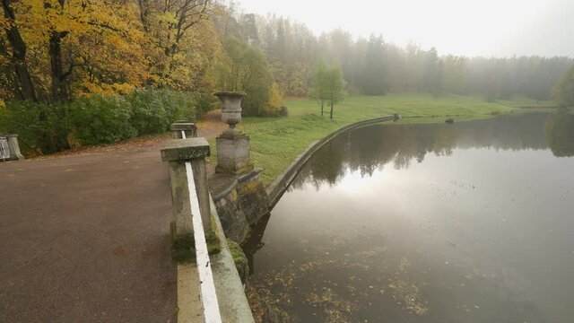 Pavlovsk park in autumn, St. Petersburg, Visconti bridge spanning the Slavianka river