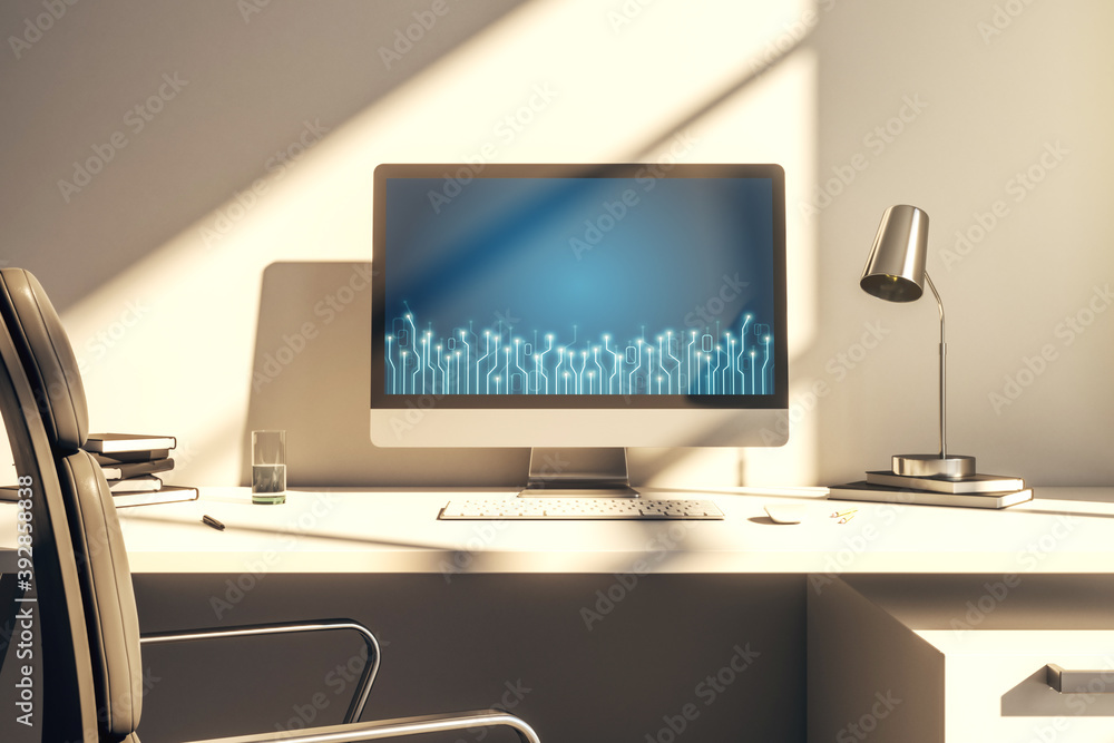 Poster modern computer monitor with circuit hologram. research and development hardware concept. 3d renderi