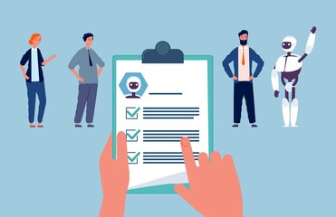 Recruitment. Robot and people, job seekers. Hands hold resume hiring employees vector illustration. Team competition, hire robotic job