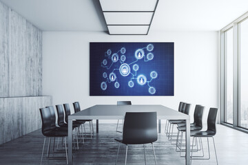 Social network icons concept on presentation tv screen in a modern meeting room. Marketing and promotion concept. 3D Rendering
