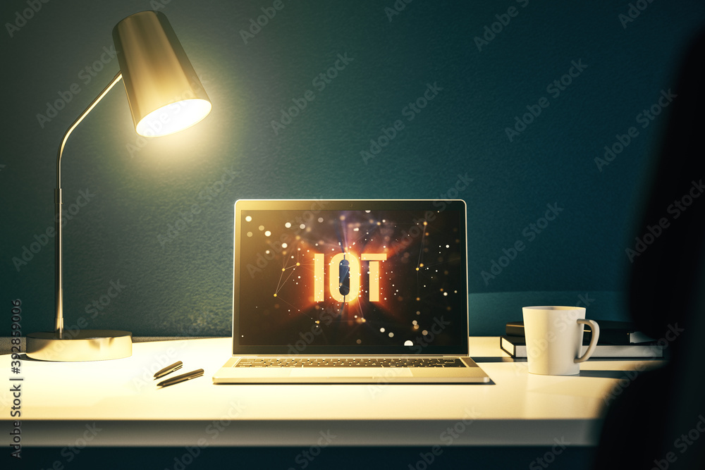 Poster creative iot illustration on modern computer monitor, future technology concept. 3d rendering