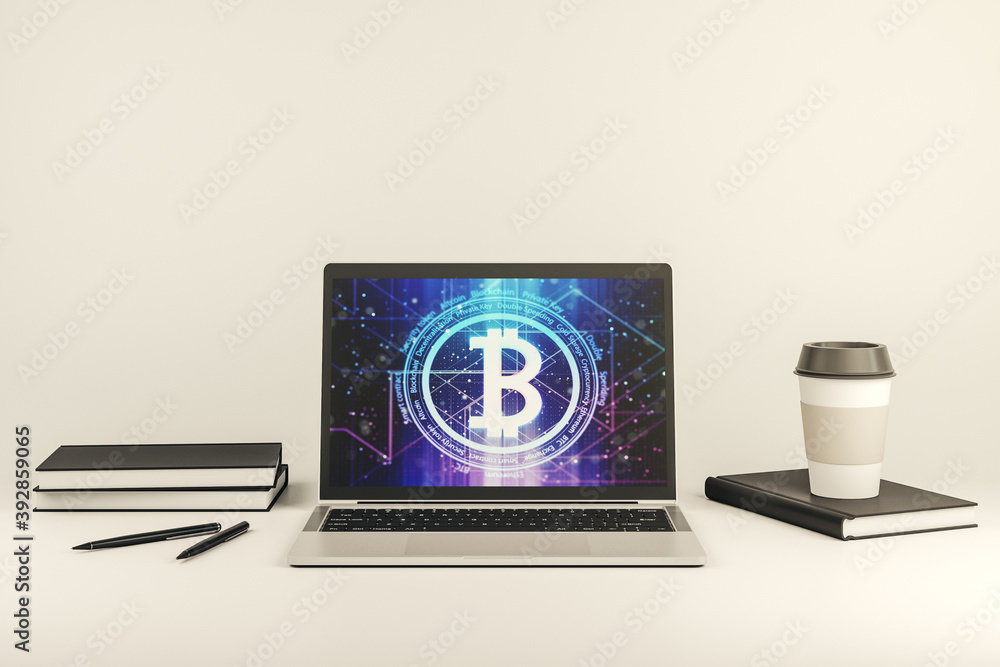 Poster Creative Bitcoin concept on modern computer monitor. 3D Rendering
