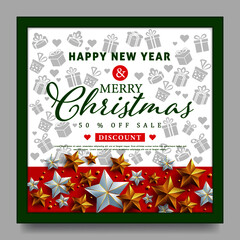 Christmas and New Year voucher discount with silver and golden stars .Vector illustration template.greeting cards.