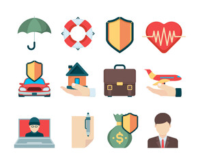 Insurance symbols. Various cases for travelers insurance type for business life and health special agents vector icons. Illustration health care and insurance shield, business safety