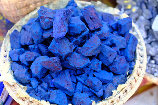 Morocco Marrakesh - Colorful Natural Indigo Blue Dye samples of a spice dealer
