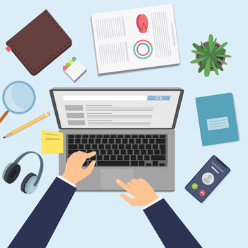Hands working on laptop. Businessman at work, top view office desk with computer, stationery phone vector illustration. Workspace and workplace, office top typing man