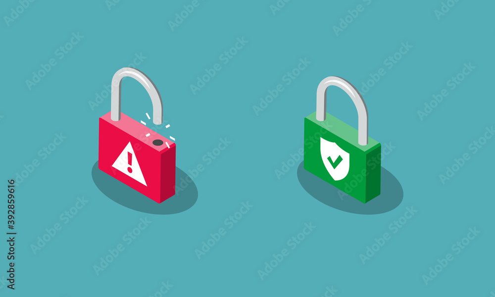 Poster protected and unprotected padlock symbols, isolated on blue background. flat design, easy to use for