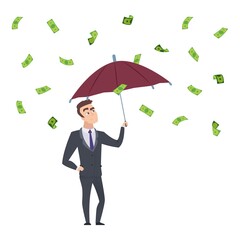 Money rain. Businessman with umbrella under falling cash. Investment profit, successful business vector illustration. Businessman with money rain, success finance with green banknote