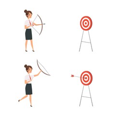 Fototapeta premium Woman shooting target. Business lady win, manager holding bow and arrows. Girl hit goal vector concept. Illustration aiming and focusing, worker woman shooting