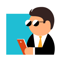 Drawing of a modern business man in sunglasses, a suit and tie. In the hands of a smartphone. Vector isolated illustration in flat style for icon or symbol.