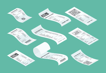 Purchasing check. Buying receipt calculate purchasing financial document piece of market paper vector isometric. Illustration check from purchasing and buying, calculate financial receipt
