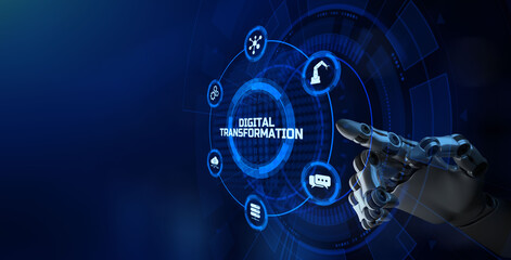 Digital transformation disruption innovation technology concept. Robot hand pressing button. 3d rendering.