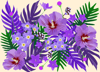 Floral pattern with violet and purple hibiscus flowers, Vector flower illustration. With floral motif. Vector illustration. - obrazy, fototapety, plakaty