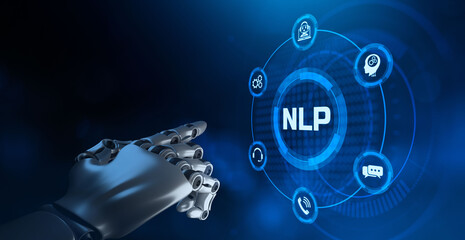 NLP Natural language processing AI Artificial intelligence. Technology concept. Robotic arm 3d rendering.