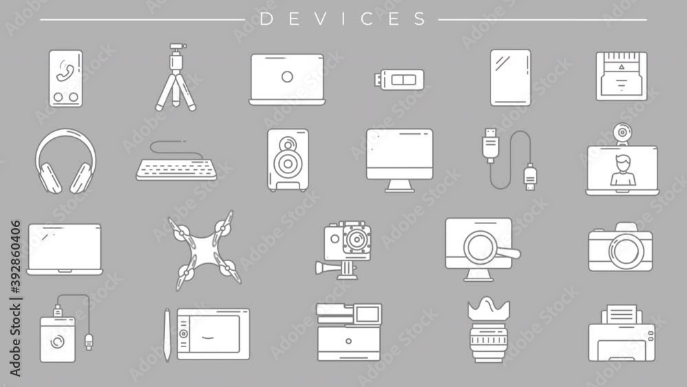 Poster collection of devices line icons on the alpha channel.