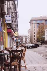 Empty outdoor cafe in the city during coronavirus pandemic