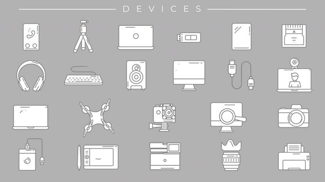Collection of Devices line icons on the alpha channel.