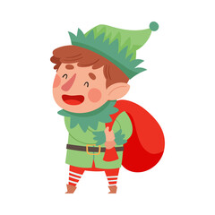 Fairy Elf in Green Hat and Red Stocking Carrying Sack with Gifts Vector Illustration